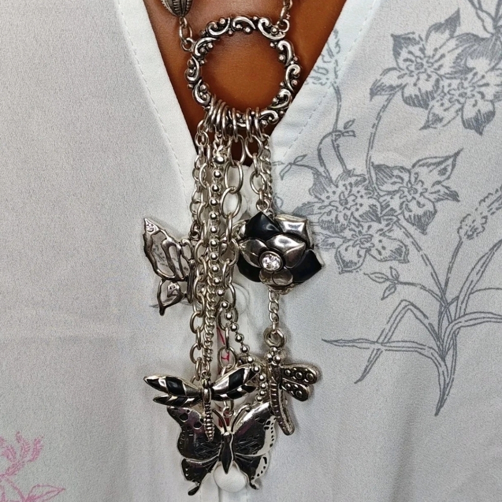VTG Whimisical Fairy Butterfly Dragonfly Flower Y-Ring Dangle Charms Necklace